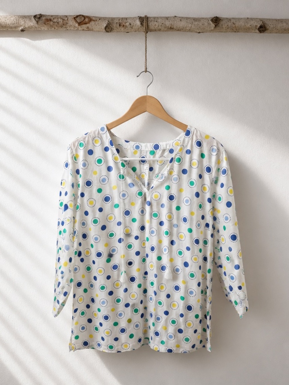 Talbots Multi Color Polka Dot Tassel 3/4 Sleeve Blouse